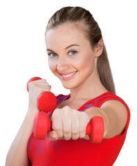 Young woman punching with hand weights