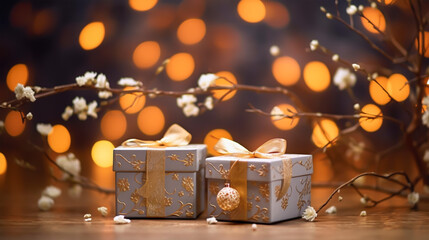 Gift boxes with blooming branch on bokeh background. New year, mid autumn festival, celebration