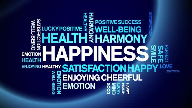 Happiness animated tag word cloud;text design animation kinetic typography seamless loop.
