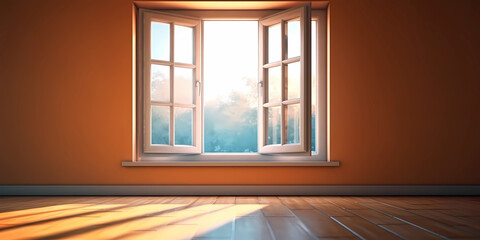 Window and sun light cast shadow on the wall, copy space blurred background, AI Generated