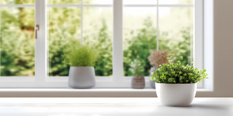 Wood table and window with plant with sun light copy space blurred background, AI Generated