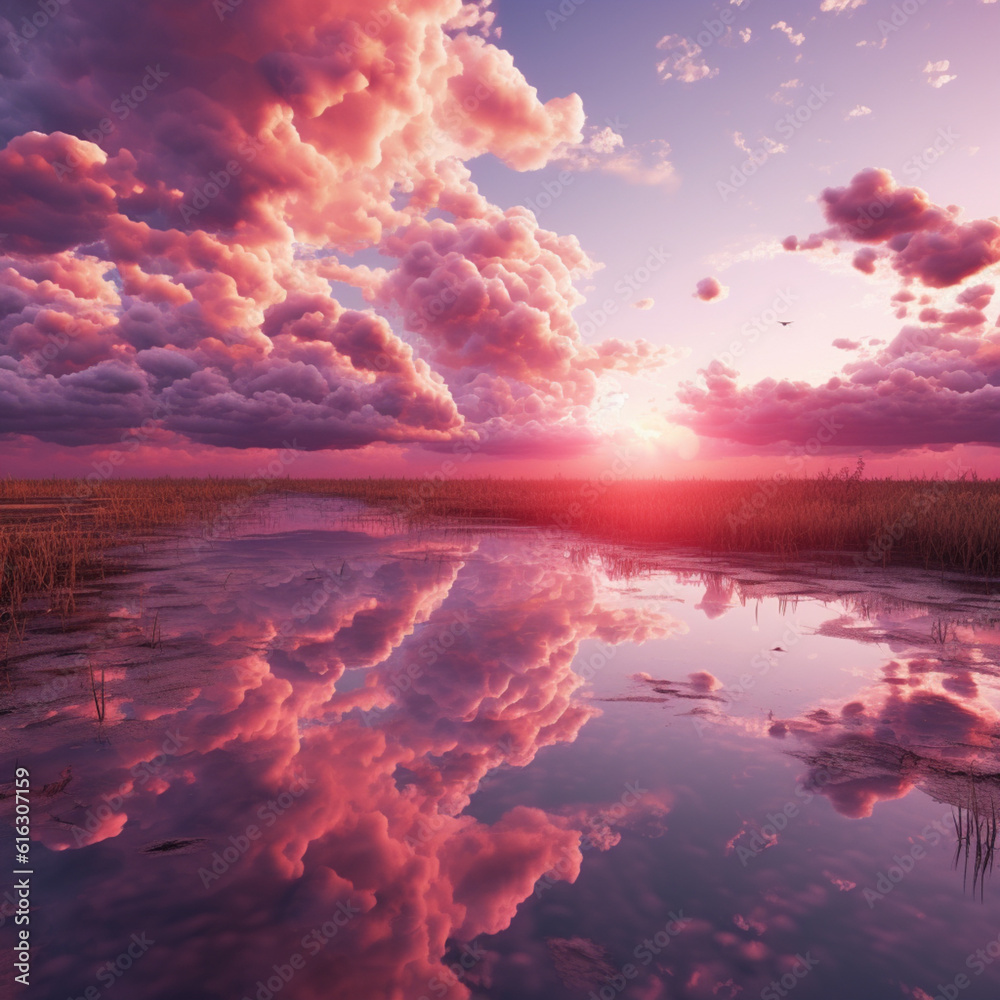 Wall mural pink clouds sunset over the lake - Wall murals