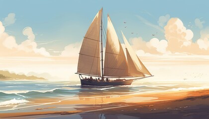 Sailboat on Beach with Ocean Waves