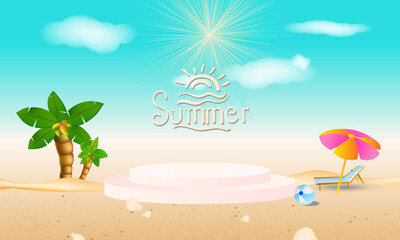Fototapeta na wymiar Illustration of summer background with podium,palm tree, sun and sand. Vector
