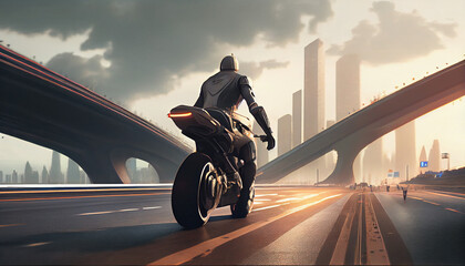 Biker rushes highway of future city Ai generated image