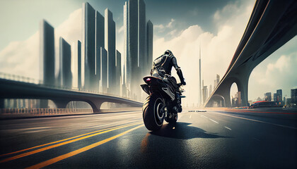 Biker rushes highway of future city Ai generated image