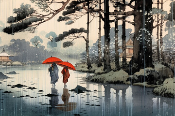 雨の中を歩く人（浮世絵風）：AI生成画像