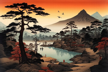 山間の湖と夕焼け（浮世絵風）：AI生成画像