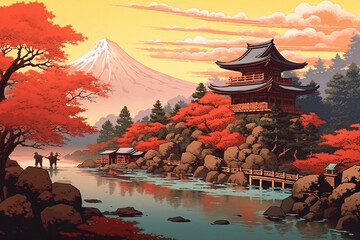 紅葉と富士山（浮世絵風）：AI生成画像