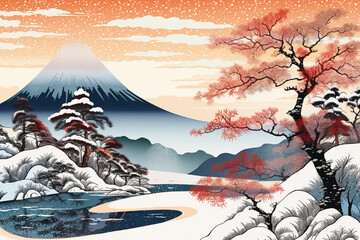 富士山と雪景色（浮世絵風）：AI生成画像