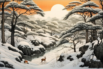 川に入る鹿と雪景色（浮世絵風）：AI生成画像
