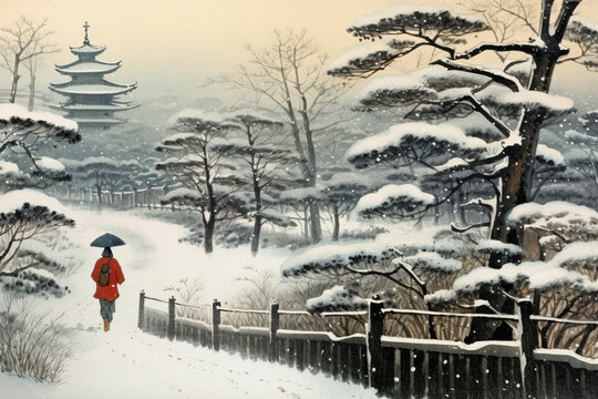 雪が降る中を歩く人（浮世絵風）：AI生成画像