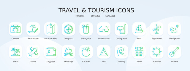 Travel and tourism icons collection with green and blue gradient outline style. holiday, hotel, passport, suitcase, summer, compass, transport. Vector illustration