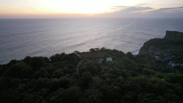 Aerial Karang Boma Cliff Uluwatu Pecatu Bali during Sunset
