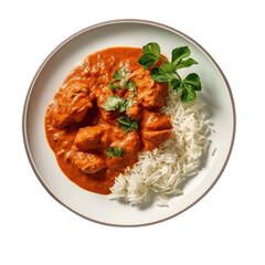 Chicken tikka masala spicy curry meat food with rice in a clay plate isolated on transparent background for menu. top down view, view from above, traditional food. generative ai