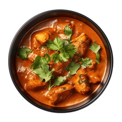 Delicious Indian butter chicken curry isolated on transparent background, top down butter chicken in balti dish with cilantro garnish for menu, view from above, traditional food. generative ai - obrazy, fototapety, plakaty