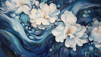 Fototapeta na wymiar Abstract Watercolor Background with White Tropical Flowers in Blue Sea Wave - Generative AI