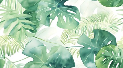 Green leaf watercolor painting pattern with white background. Infinite repeat. Making For card invitation, wide web banner, header website, banner, poster, presentation, poster, leaflet and many more