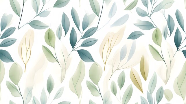 Green leaf watercolor painting pattern with white background. Infinite repeat. Making For card invitation, wide web banner, header website, banner, poster, presentation, poster, leaflet and many more