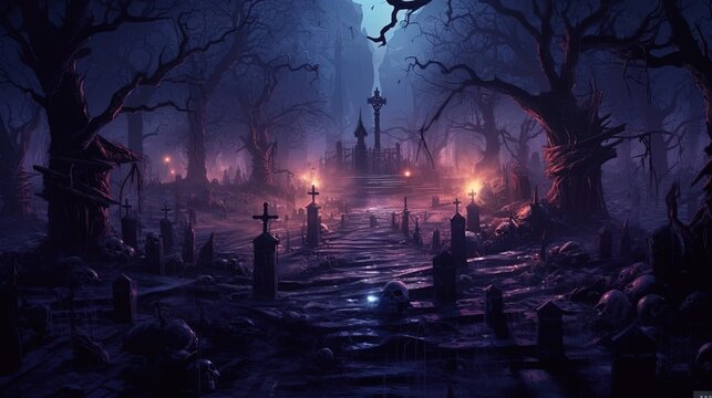 demonic graveyard, digital art illustration