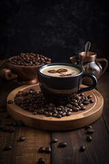 Obraz na płótnie Canvas hot coffee with coffee beans on wood table 