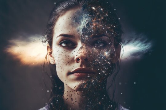 Universe and galaxy inside woman brain portrait double exposure, bright stars of milky way as metaphor concept for sense of human mind. Meditative and mental ability abstract art. Superb Generative AI