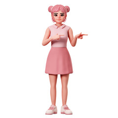 Cute female character with double buns Pointing to right side using both hand, 3D Character Render Illustration