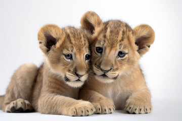 Obraz premium Image of two baby lions cubs cuddle together on white background. Wildlife Animals. Illustration, Generative AI.