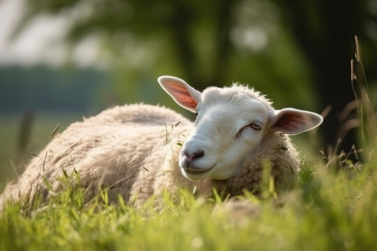 Image of young sheep resting on green pasture grass on summer. Farm animals. Illustration. Generative AI.