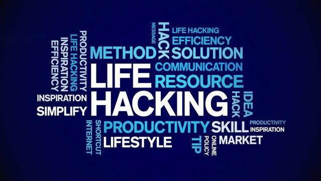 Life Hacking animated tag word cloud;text design animation kinetic typography seamless loop.