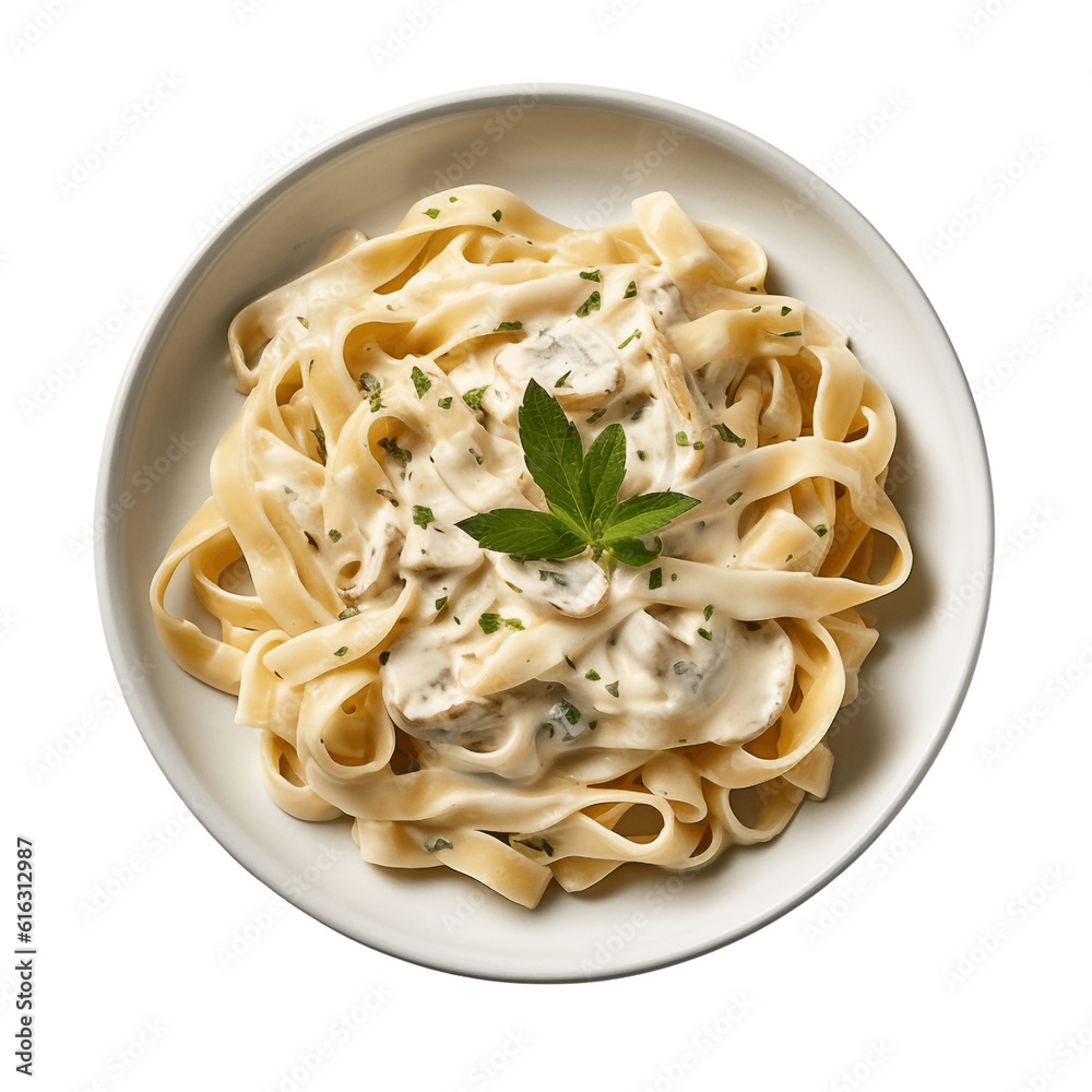 Wall mural bowl of fettucini alfredo with garnish isolated on transparent background, top down view, view from 