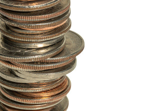 stack of loose change displaying a balance of funds concept on white background 