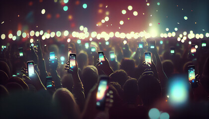 Fototapeta na wymiar A crowd of people at a live event, concert or party holding hands and smartphones up . Large audience, crowd, or participants of a live event venue with bright lights above Ai generated image