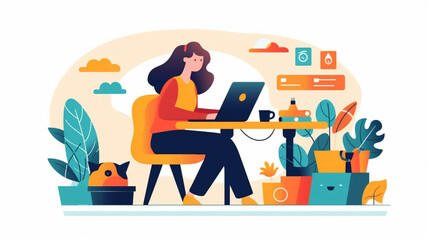 Girl In Front Of Laptop Computer With Headphones At Work Flat Illustration