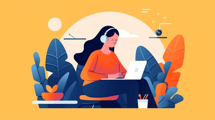 Girl In Front Of Laptop Computer With Headphones At Work Flat Illustration