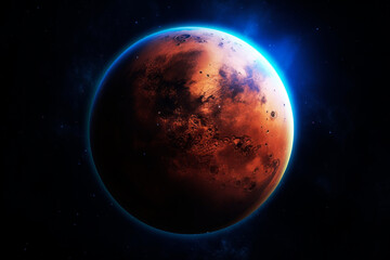 Planet Mars on a dark background. Generative AI