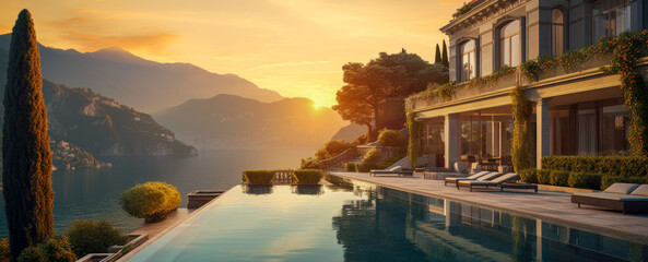 An ultra luxury home with a beautiful sunset view of Lake Como in Italy. Modern architecture with pool for a summer getaway vacation in paradise (generative AI) - obrazy, fototapety, plakaty