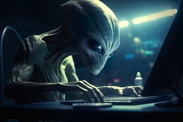 Alien humanoid, searching secret information in worldwide network at IT office