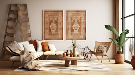 Home with ethnic decoration and poster , Mockups Design 3D, HD