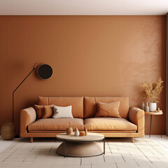 Home Mockup brown warm color Living Room with sofa , Mockups Design 3D, HD