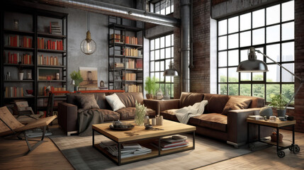 Living Room Interior in loft industrial style , Mockups Design 3D, HD