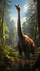 Generative AI Dinosaur in the forest. 3d render. Nature background.