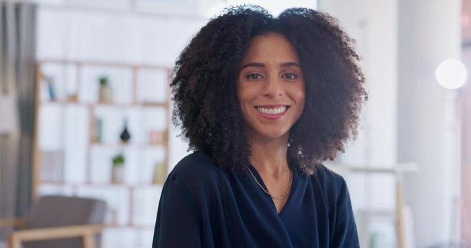 Happy, confidence and face of a businesswoman in the office while working on a company project. Success, smile and portrait of professional female lawyer doing legal research for a case in workplace.