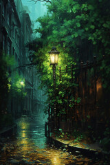 Capture the droplets of rain cascading down vibrant green leaves, reflecting the soft glow of a streetlamp. AI generative