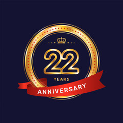 22 year anniversary logo with gold ring and red ribbon, vector template