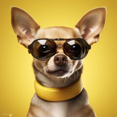 dog animal funny cute puppy glasses pet chihuahua portrait yellow background. Generative AI.