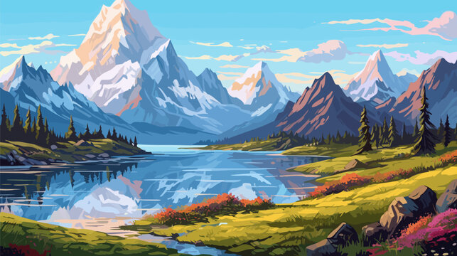 Beautiful landscape. Small river. Mountains on the horizon. Green meadow. Forest. Clear sky. Bright warm colors. The beauty of the nature. Landscape work of art. Vector illustration design.