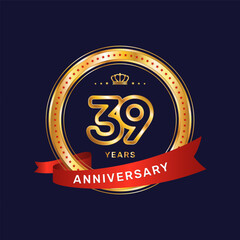 39 year anniversary logo with gold ring and red ribbon, vector template