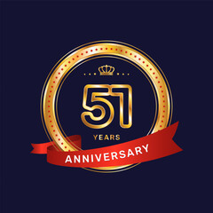 51 year anniversary logo with gold ring and red ribbon, vector template