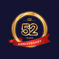 52 year anniversary logo with gold ring and red ribbon, vector template